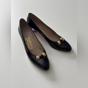 Salvatore Ferragamo Black Patent Leather Low Block Heel Pumps with Gold Accent